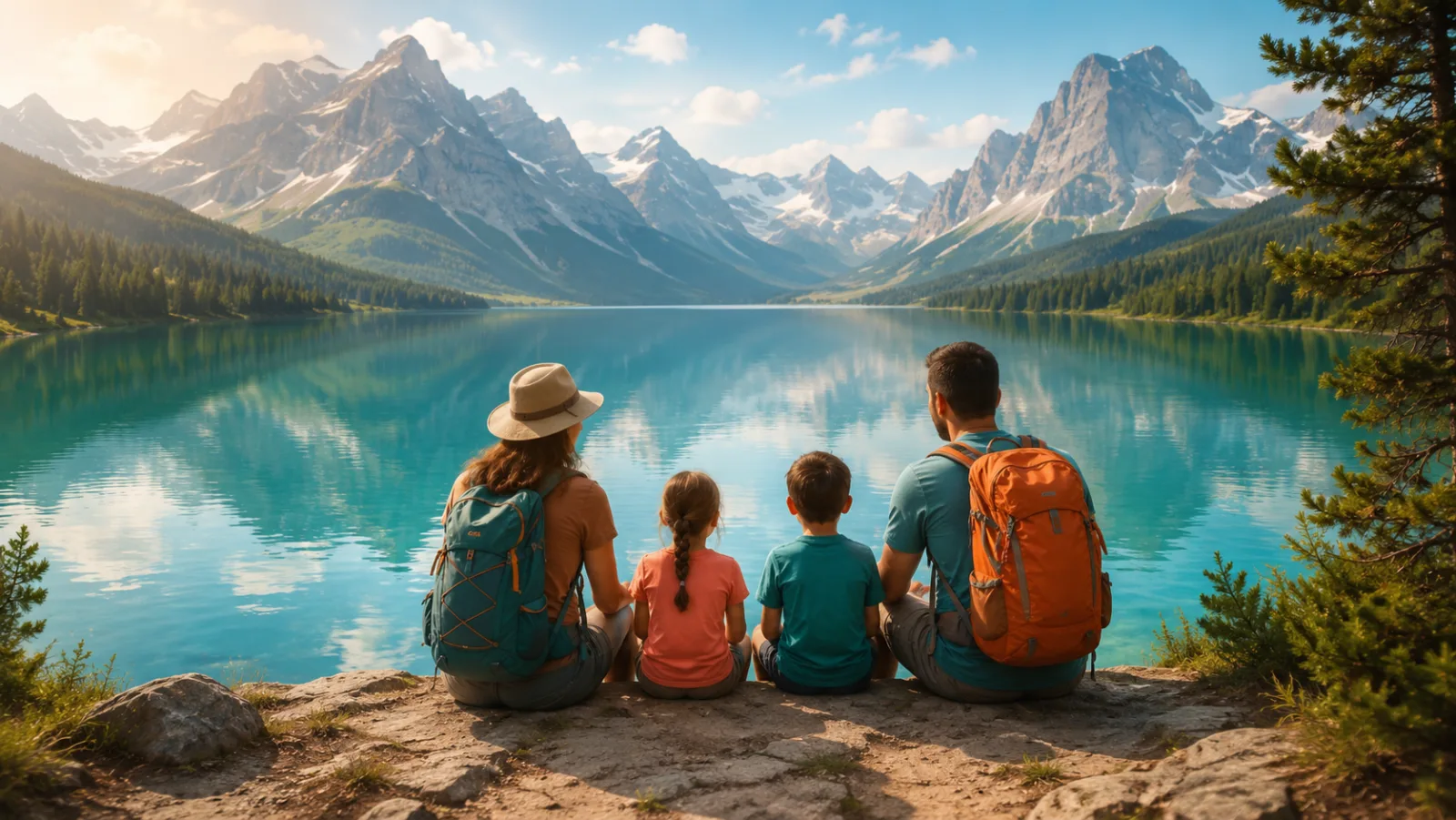 A family with backpacks sitting together on a rock, looking out over a calm turquoise mountain lake
